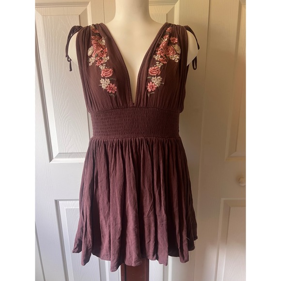 Anthro Dresses & Skirts - Boho Brown Babydoll Embroidered Tank Top Fairy Western Coastal Cowgirl Y2K